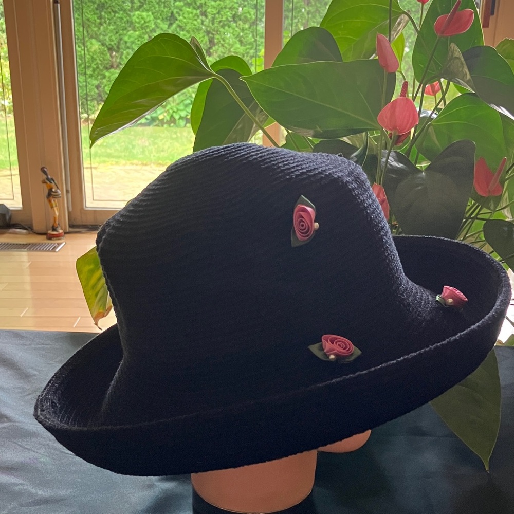 Black Chenille Hat with Pink Flower Accents - Picture 3 of 6
